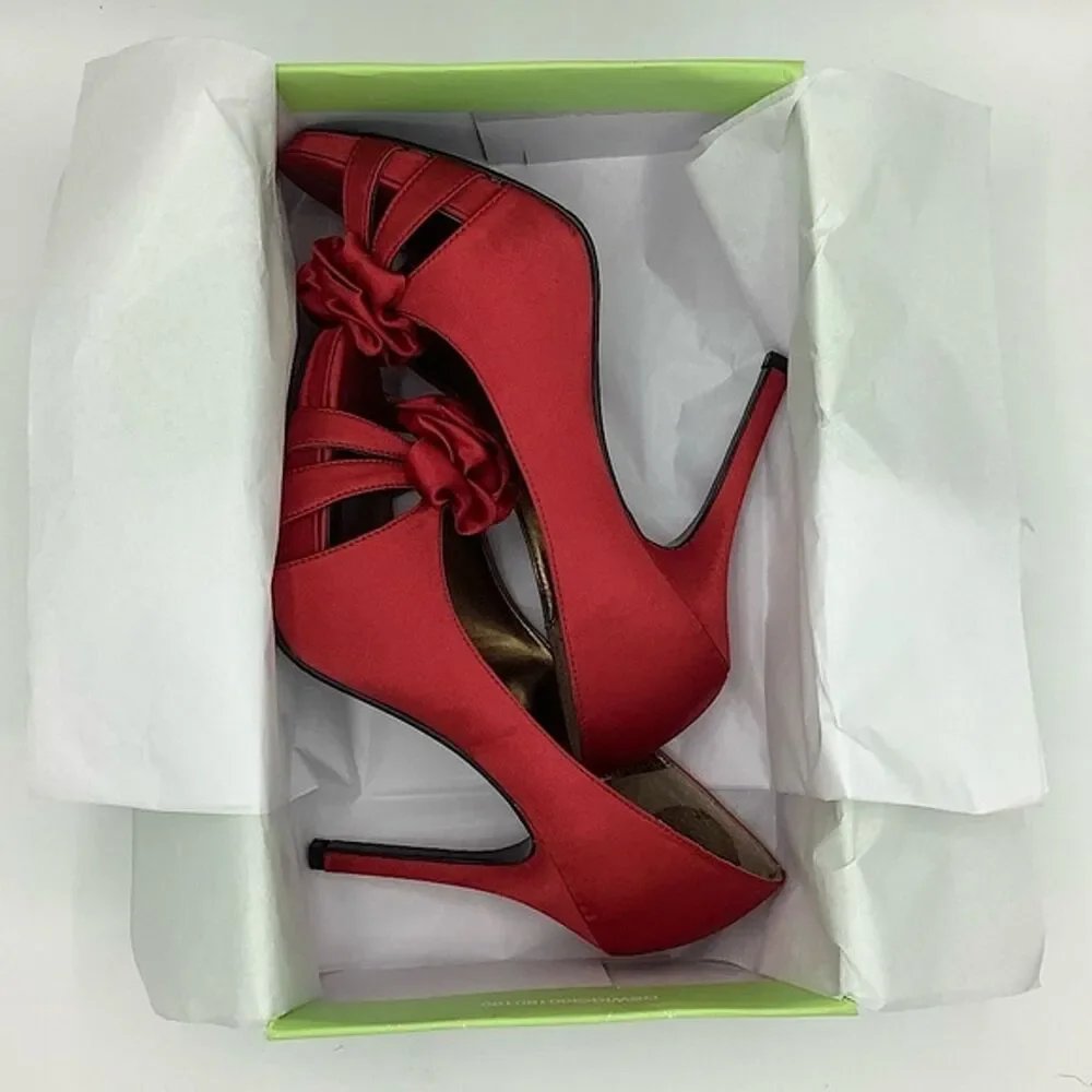Kelly & Katie Red Satin Peep Toe Heels Rosette Detail, Size 7.5 - Picture 6 of 7